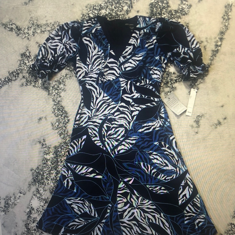 Women's Blue and White Leaf-Print A-Line Dress